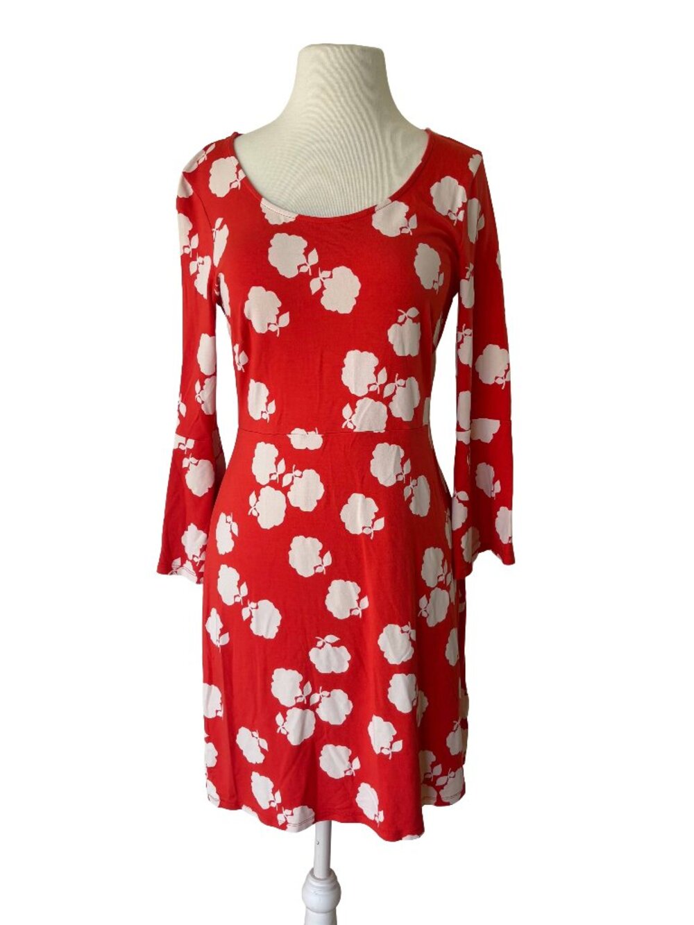 Boden Dress Sz 8 Orange Red Miriam Floral Print Jersey Bell Long Sleeve Mini 60s